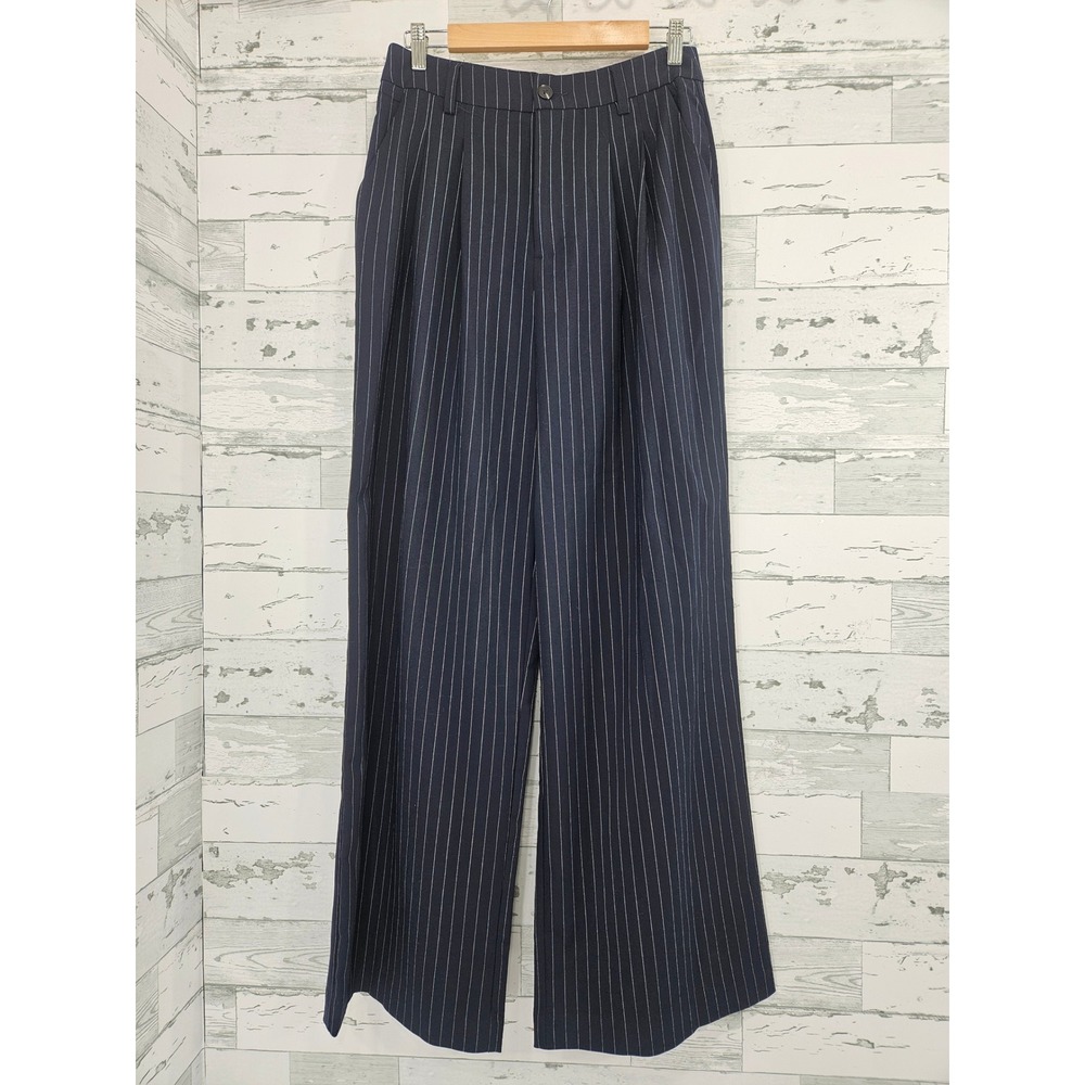 GB Gianni Bini Navy Blue Pinstripe Wide Leg Pleated Trousers Pants M